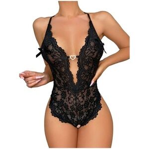 Sexy Black Lace Floral Crotchless Bodysuit with Rhinestone Hearts Size Medium